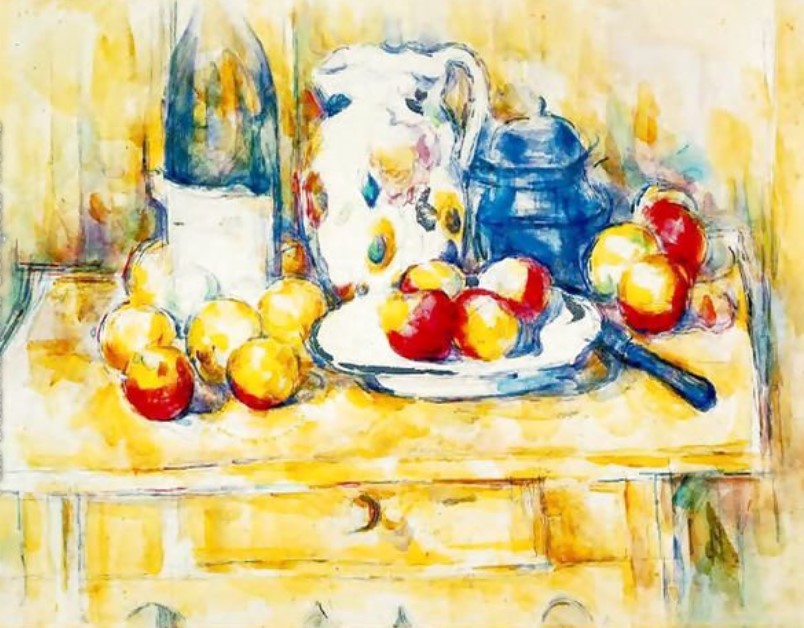 Still Life With Apples A Bottle And A Milk Pot - Paul Cezanne